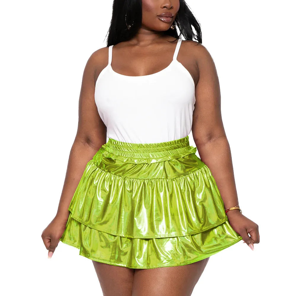 Sizes to 8XL!! Hologram Laser Tiered Pleated Mini Skirts, High Elastic Waist, A-line
