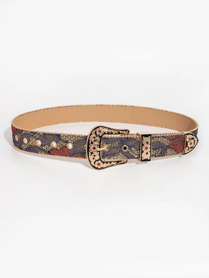 1pc gemstone engraved buckle floral oil painting pattern PU Leather. 1.4 Inches wide and up to 48 Inches Long