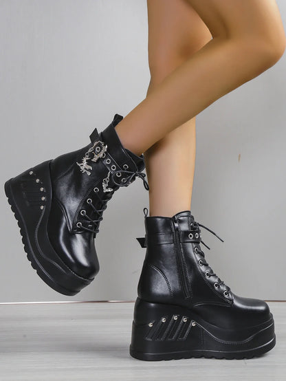 Punk Goth Platform Heels Wedge Heeled Boots, Tie and Strap Closures