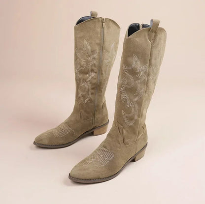 Embroidered Western Cowgirl Knee Boots with Pointed Toes and Thick Heels, High Knee Boots, PU Leather in Light and Medium Brown, Beige, and Pink