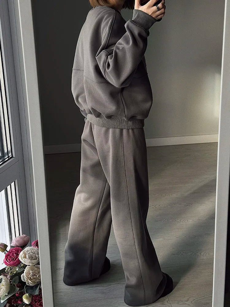Warm 2 Piece Sweatsuits, Thick Fleece, Zipper Jacket, Batwing Sleeves, Clean Lines