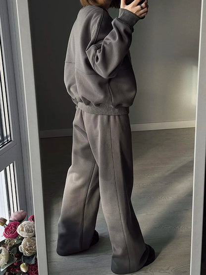 Warm 2 Piece Sweatsuits, Thick Fleece, Zipper Jacket, Batwing Sleeves, Clean Lines
