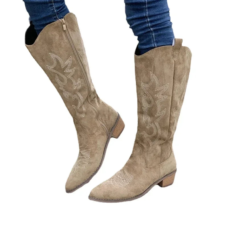 Embroidered Western Cowgirl Knee Boots with Pointed Toes and Thick Heels, High Knee Boots, PU Leather in Light and Medium Brown, Beige, and Pink