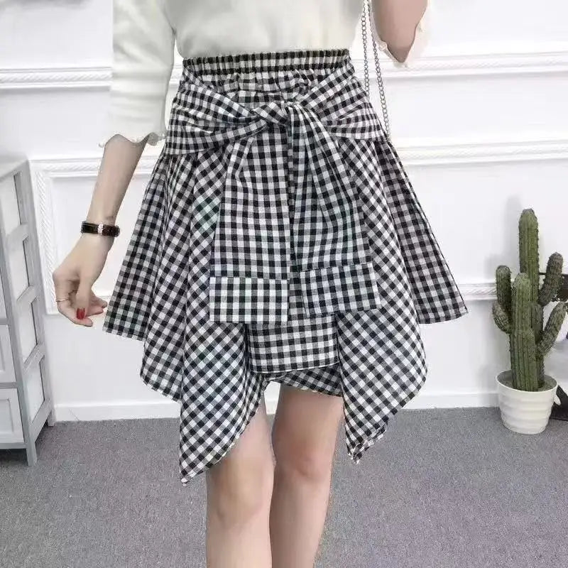 Sporty Street Style with Ruffle and Bow Tie Asymmetrical Hankie Hemline Elastic Waist, Plaid Patterned Skirt--Sizes 58 Centimeter Waist