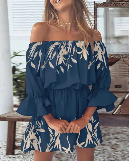 Sizes to 2XL Bohemian Off-Shoulder Floral & Leaf Print Mini Dress with Ruffled Hem and Bell Sleeves 5 Patterns