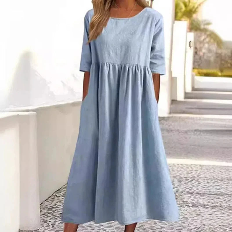 Cotton and Linen Casual Short Sleeves, Pockets, Loose Round Neck