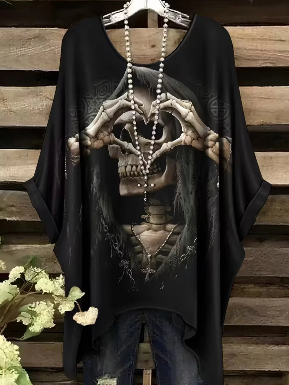 Sizes to 3XL Bohemian Skull Print Loose T-shirt Irregular Hemline O-Neck Short Sleeved Oversize Various designs