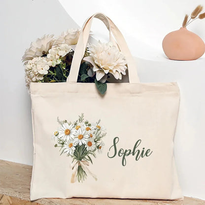 Personalized Shoulder Bag Birth Month Flower and Name Tote Bag, Monogrammed Canvas Bags
