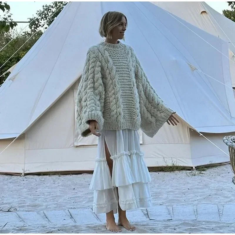 Long Sleeve Prairie Sweater Chic Solid Vintage Oversize Turtleneck Pullover