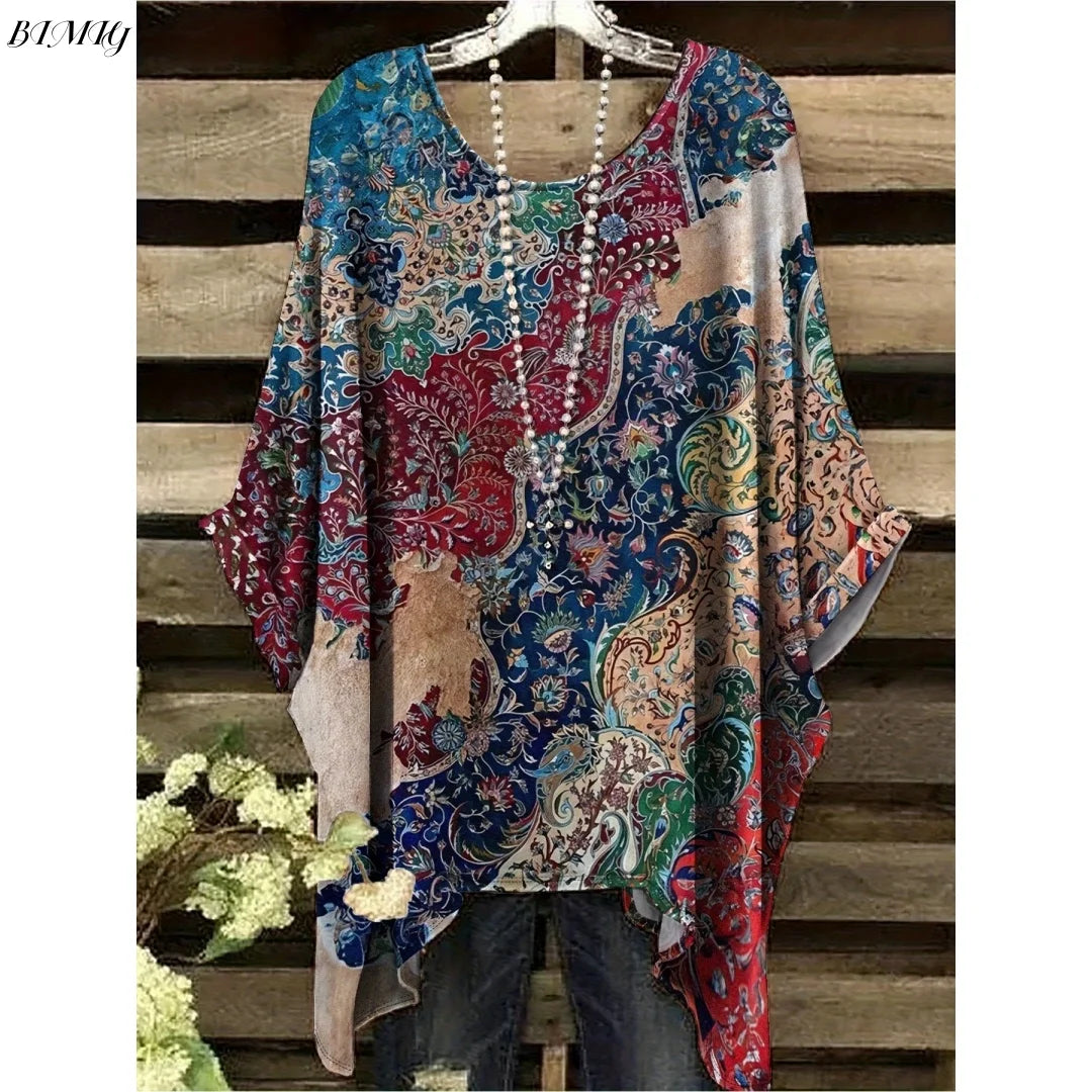 30 Different Style Bohemian Floral Tunics Plus Size to 3XL, 30 Vibrant Colors, Open Round Neck, Hankie Hem, Loose baggy sleeves