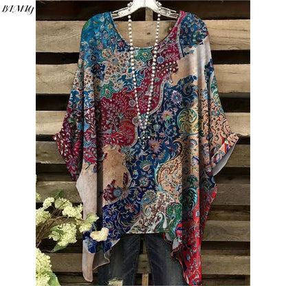 30 Different Style Bohemian Floral Tunics Plus Size to 3XL, 30 Vibrant Colors, Open Round Neck, Hankie Hem, Loose baggy sleeves