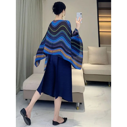 Pleated Striped Shawl, Fashionable Striped, Casual Outerwear, Versatile, Bat Sleeve Cape