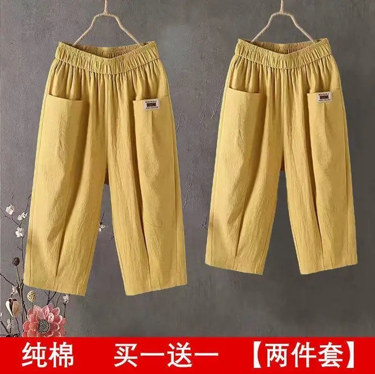 Cotton Linen Cropped 3/4 Length Pants, Loose, Linen with Elastic Waist and Pockets