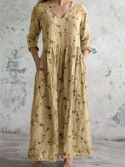 Sizes to 5XL Hot Sale Printed, V-neck, Long Sleeve dress with Pockets