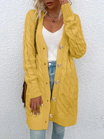 Solid Color Twisted Knit Long Cardigan with Single Buttons and Pockets. Green, Yellow, Turquoise, and White