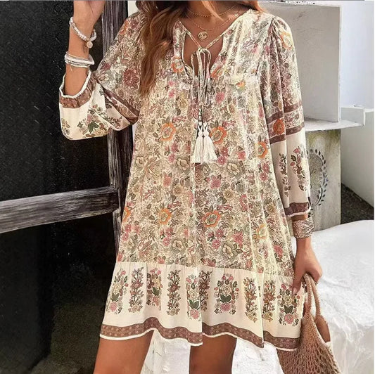 Sizes to 2XL. Boho Casual Print Loose Dress, Long Sleeve, Lace-up V-Neck, Short Vintage Pullover