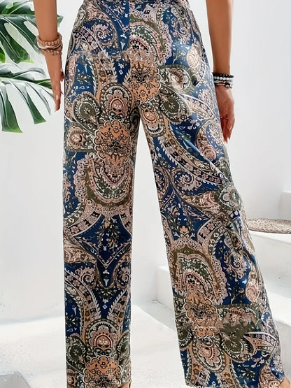 Bohemian High, Elastic Waist, Printed Wide Leg Long Pants to Size 2XL