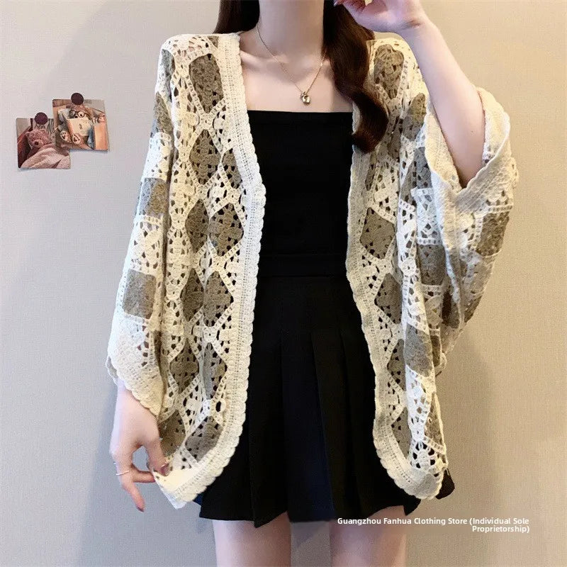 Bohemian Style Hollowed-out Long Sleeve Light Weight Sweater with V Neck and Batwing Sleeves