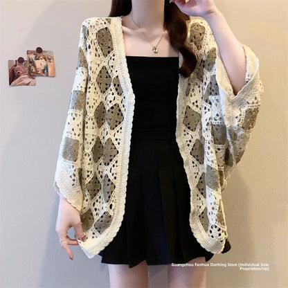 Bohemian Style Hollowed-out Long Sleeve Light Weight Sweater with V Neck and Batwing Sleeves