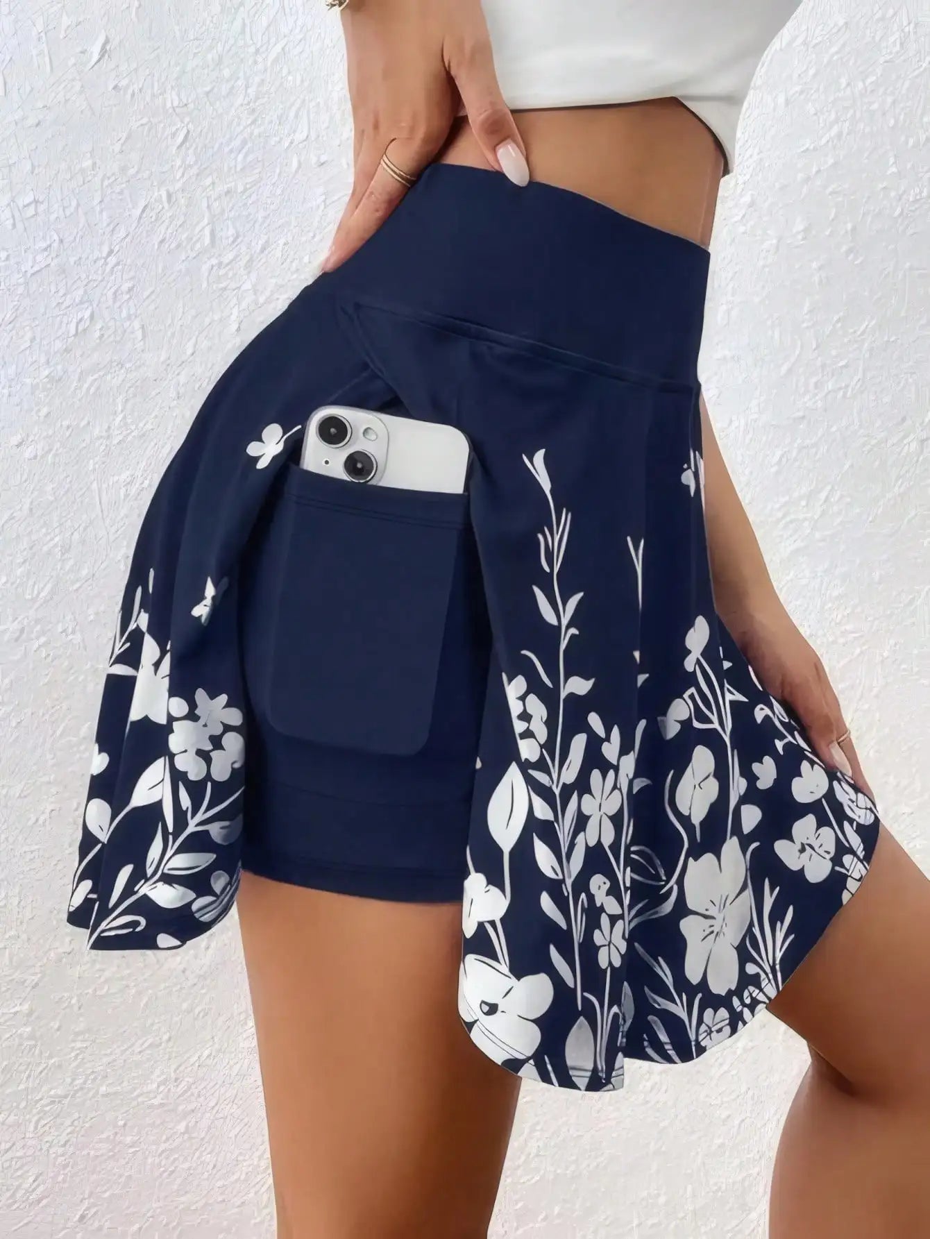 Plus Size 1XL-5XL  High-Waisted Skorts Phone Pocket Simple Floral Print