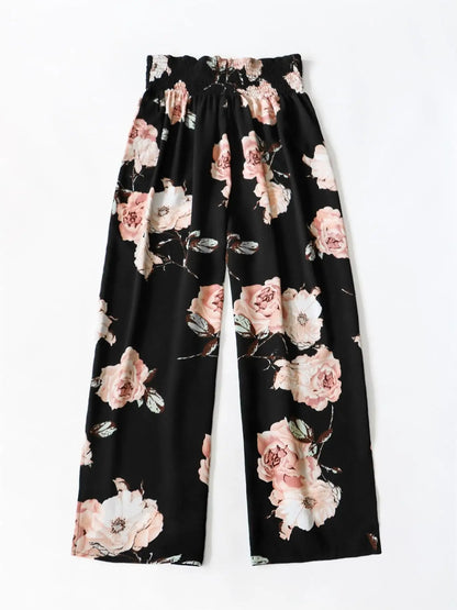 Boho Plus Size Up to 4XL Floral Print Wide Leg, High Elastic Waist with Tie Trousers.  2 Designs