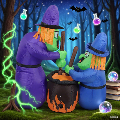 Two 5Ft Halloween Inflatable Witches and Cauldron with Built-in LEDs