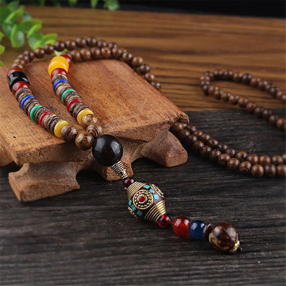 Long Wooden Beaded Tassel Boho  Necklace Nepal Wood Beads