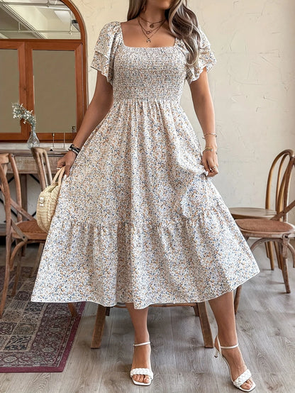 Boho Floral Print, Sizes to 4XL, Square Neck, High Elastic Waist, A-Line Short Bell Sleeves, Elastic Top, Midi Dress