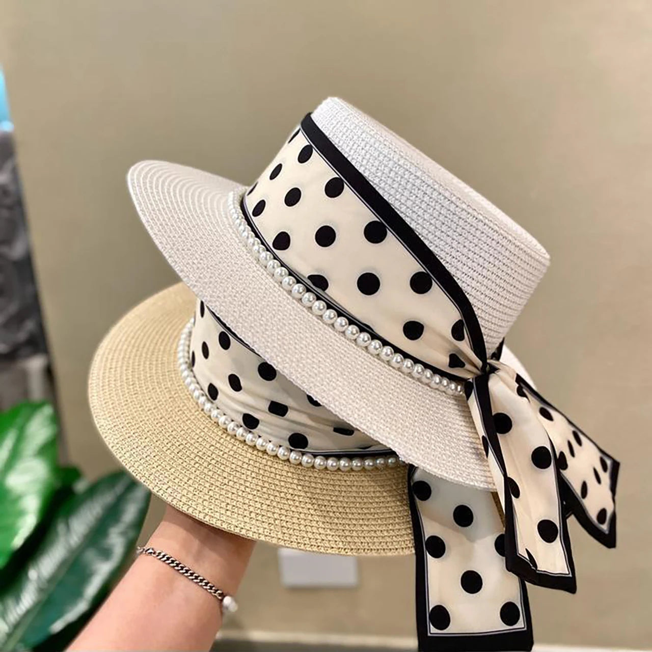 Straw Hat with Polka Dot Ribbon, Pearl, and  Wide Brim Sunshade