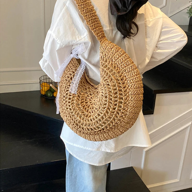 Casual Hobo Straw Shoulder Bags Handmade Weave Crossbody Bags Vintage