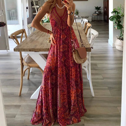 Boho Long Dress V-Neck High Waist Floral Print Maxi Gown European And American New Style Strapless Dress