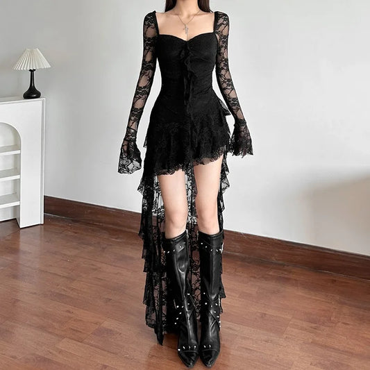 Goth Dark Fairycore Lace Flare Sleeve Square Neck A-line  Irregular Long Hem in back, short hem in Front. Available in Black and white