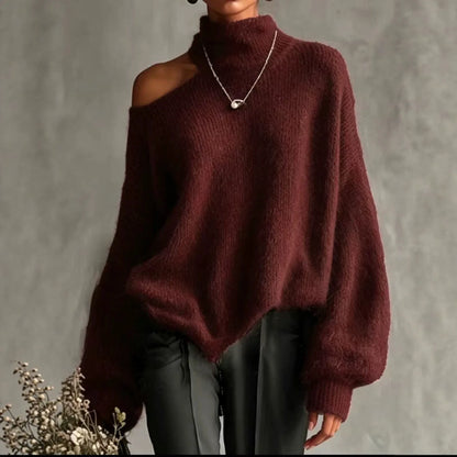 Off-Shoulder High-Collar Loose Knit Pullover, Long Sleeve, 10 Colors in sizes to 2XL