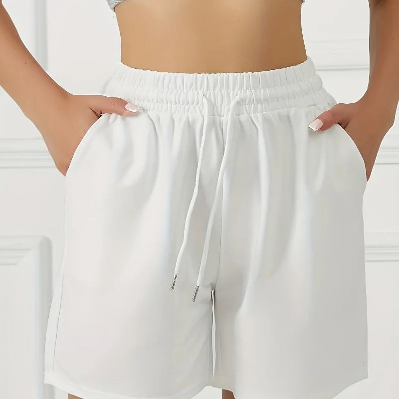 Ladies' front pockets, elastic and drawstring waist, casual exercise shorts