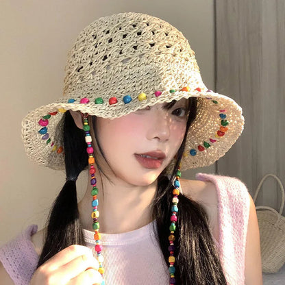 Weaved Bohemian Wide floppy Brimmed Bucket Hats with beads