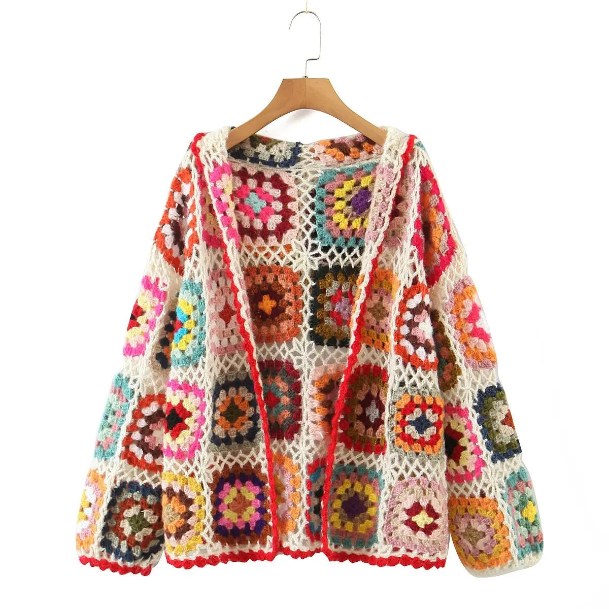 Boho hand-made crocheted cardigan, Square pattern, loose knitted cardigan, Hooded with long sleeves