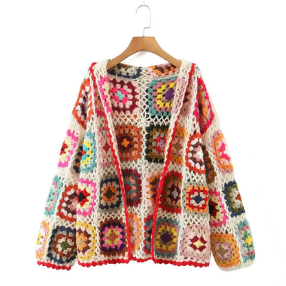 Boho hand-made crocheted cardigan, Square pattern, loose knitted cardigan, Hooded with long sleeves