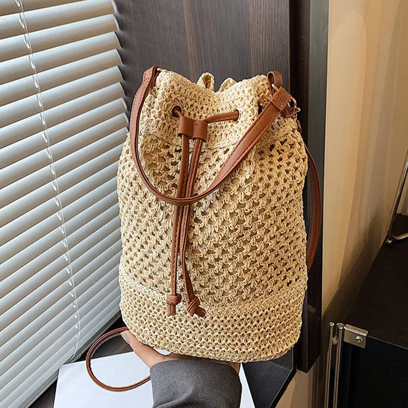 Braided Straw Bucket Bag, Drawstring Shoulder Crossbody Bag,