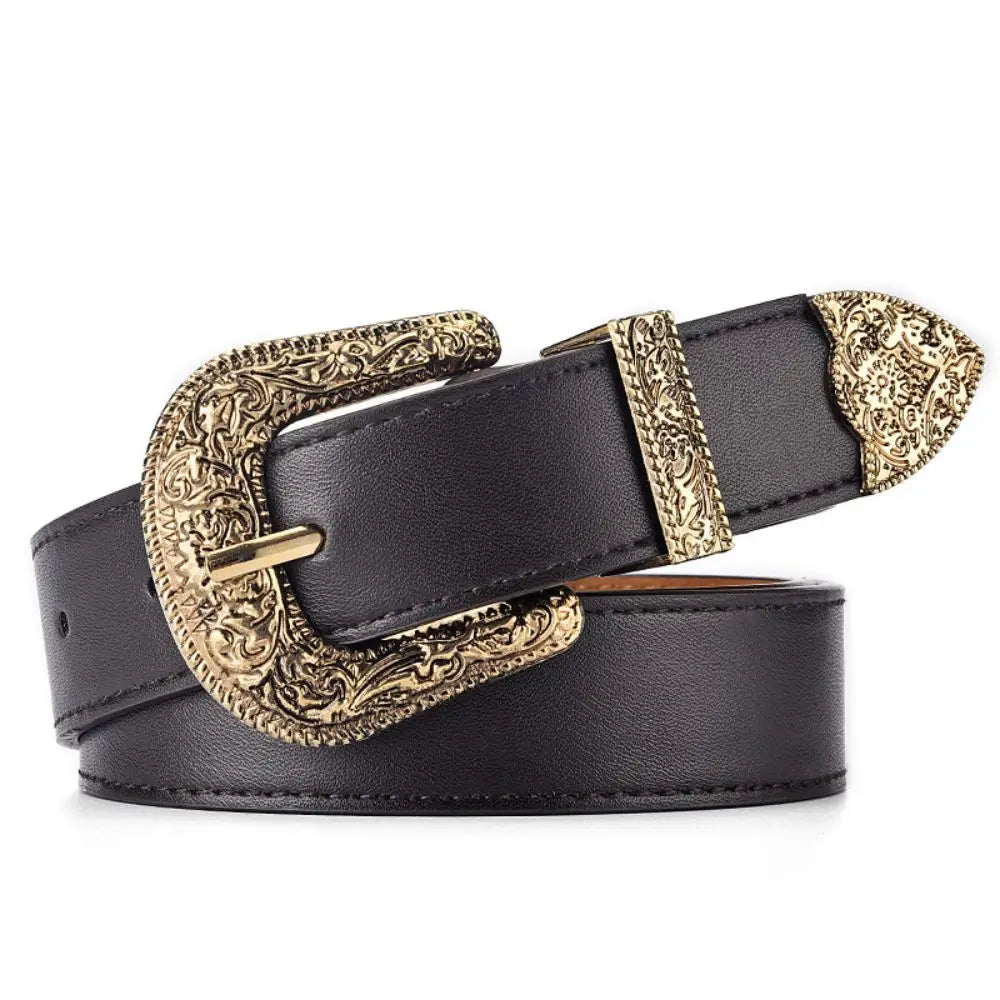 Vintage Carved Needle Buckle Belt PU Leather Belt