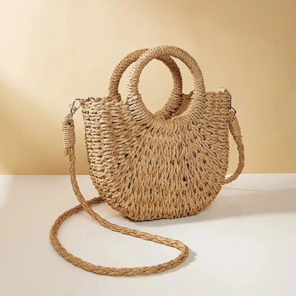 Handwoven Straw Rattan Half-Moon Beach Handbag or Crossbody Shoulder Bag. 4 other colors