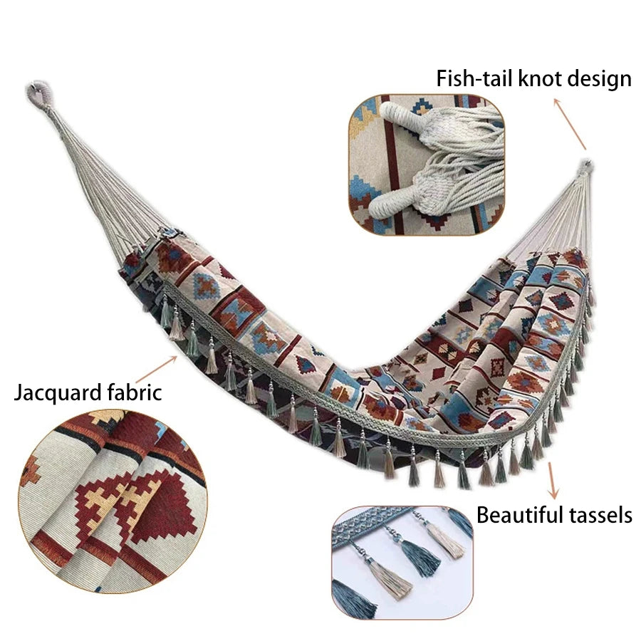 A Bohemian ethnic style outdoor double hammock with a storage bag and binding ropes.