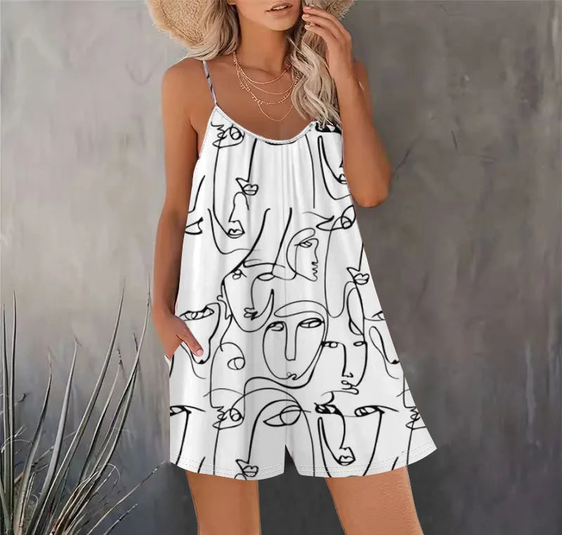 Sizes to 2XL, Boho Bib Shorts, Printed, Sleeveless Jumpsuit, Spaghetti Straps, 11 Different Designs