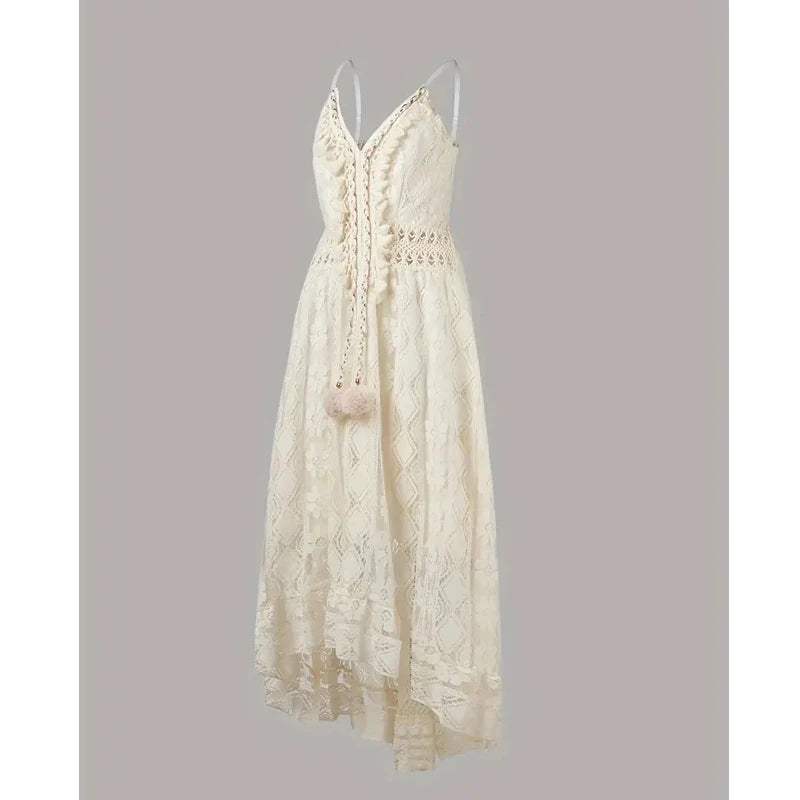 Bohemian Summer Casual V Neck Lace Spaghetti Strap Sundress with High/Low Hem