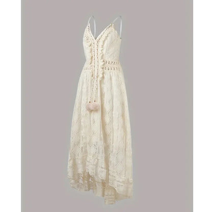 Bohemian Summer Casual V Neck Lace Spaghetti Strap Sundress with High/Low Hem