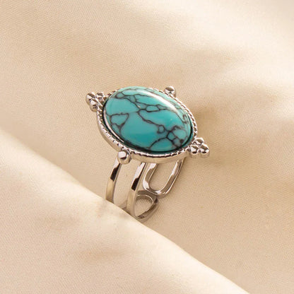 1pc Boho Turquoise Ring Stainless Steel Light Blue Gemstone Silver Adjustable Ring
