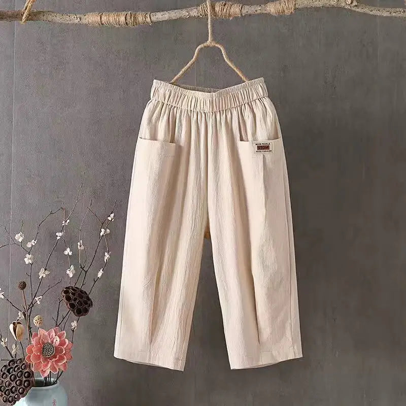 Cotton Linen Cropped 3/4 Length Pants, Loose, Linen with Elastic Waist and Pockets
