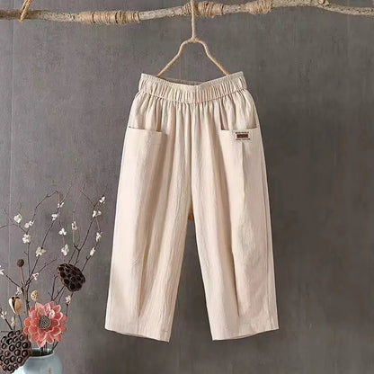 Cotton Linen Cropped 3/4 Length Pants, Loose, Linen with Elastic Waist and Pockets