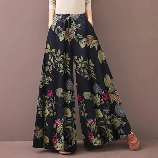 Sizes to 3XL Boho Floral Print Wide Leg Pants Casual Loose Elastic Waist  and Drawstring