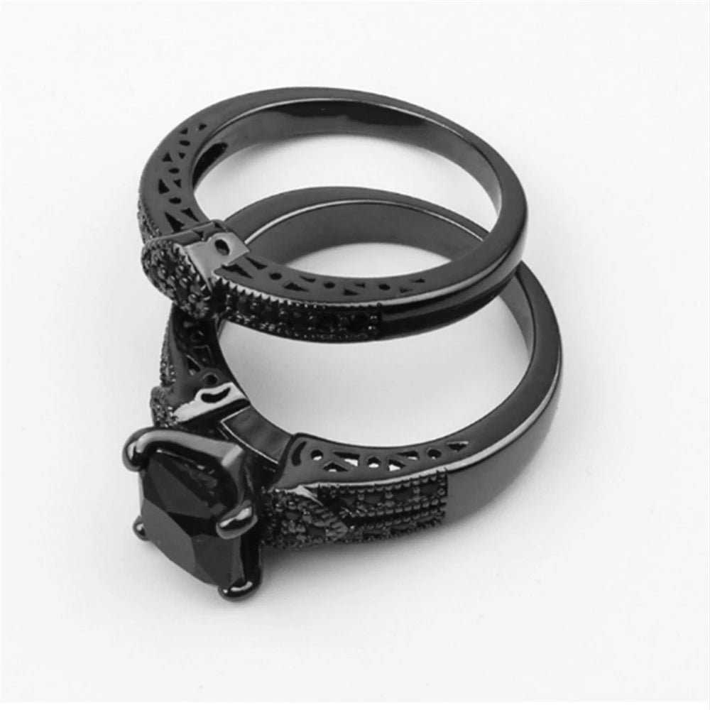 Black Stainless Steel Ring Sets, Women's Black Stone Engagement with a small heart band.  Men's is all Black Stainless Steel