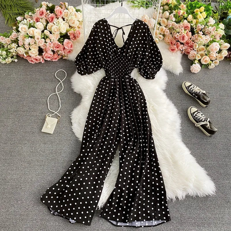 V Neck Dolman Sleeves Slim Waisted Floral and Polka Dot Print Jumpsuit with Wide Legs
